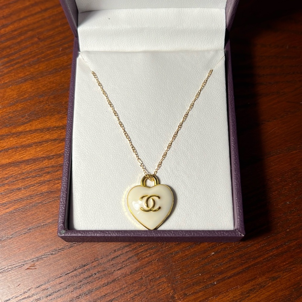 Authentic Chanel Gold and White Enamel Heart Necklace